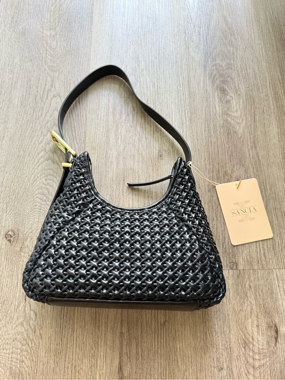 sancia the istria black 100% woven leather 90's style shoulder bag purse handbag